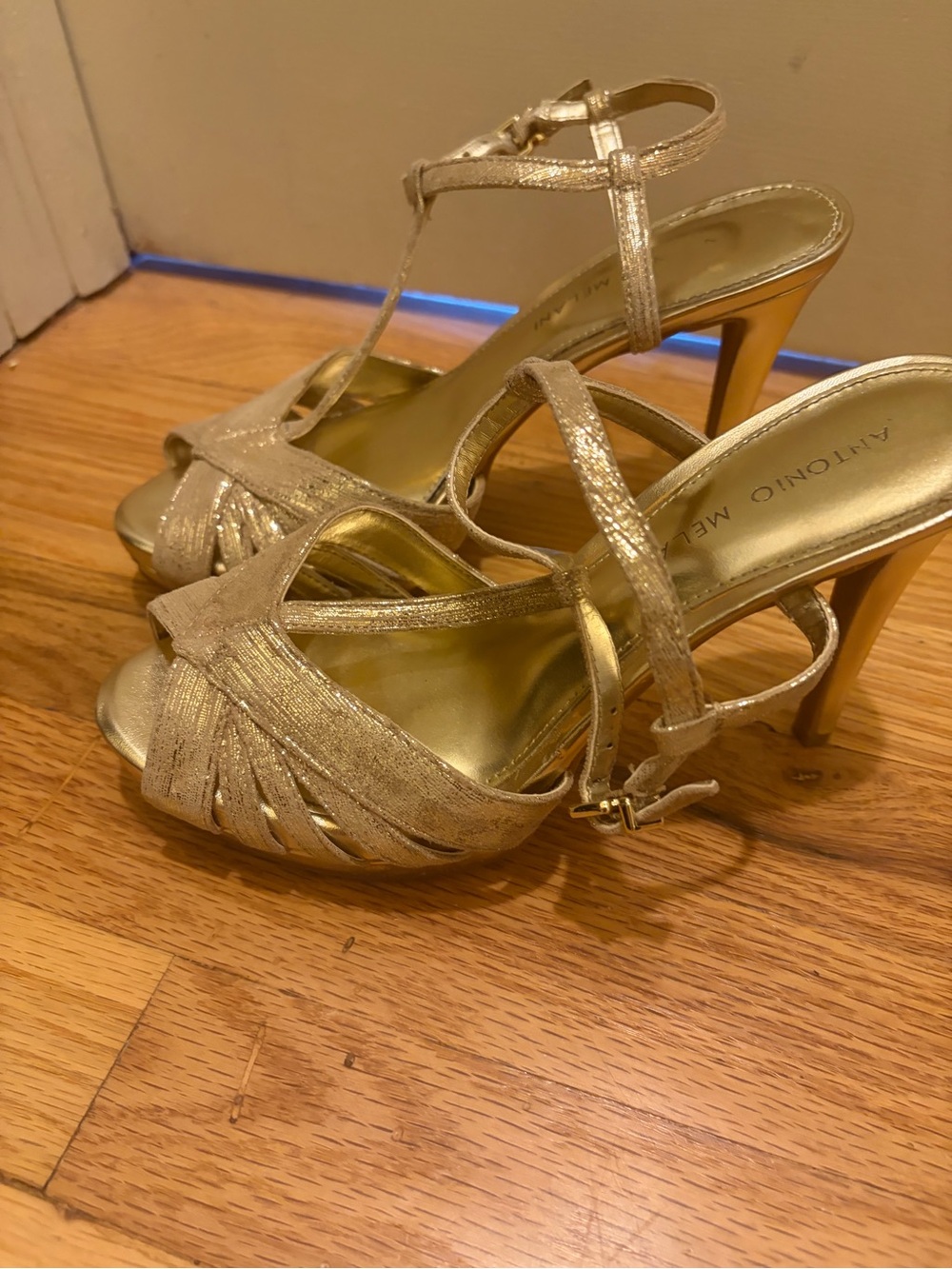 ANTONIO MELANI Metallic Gold Strappy T‑Bar Heels